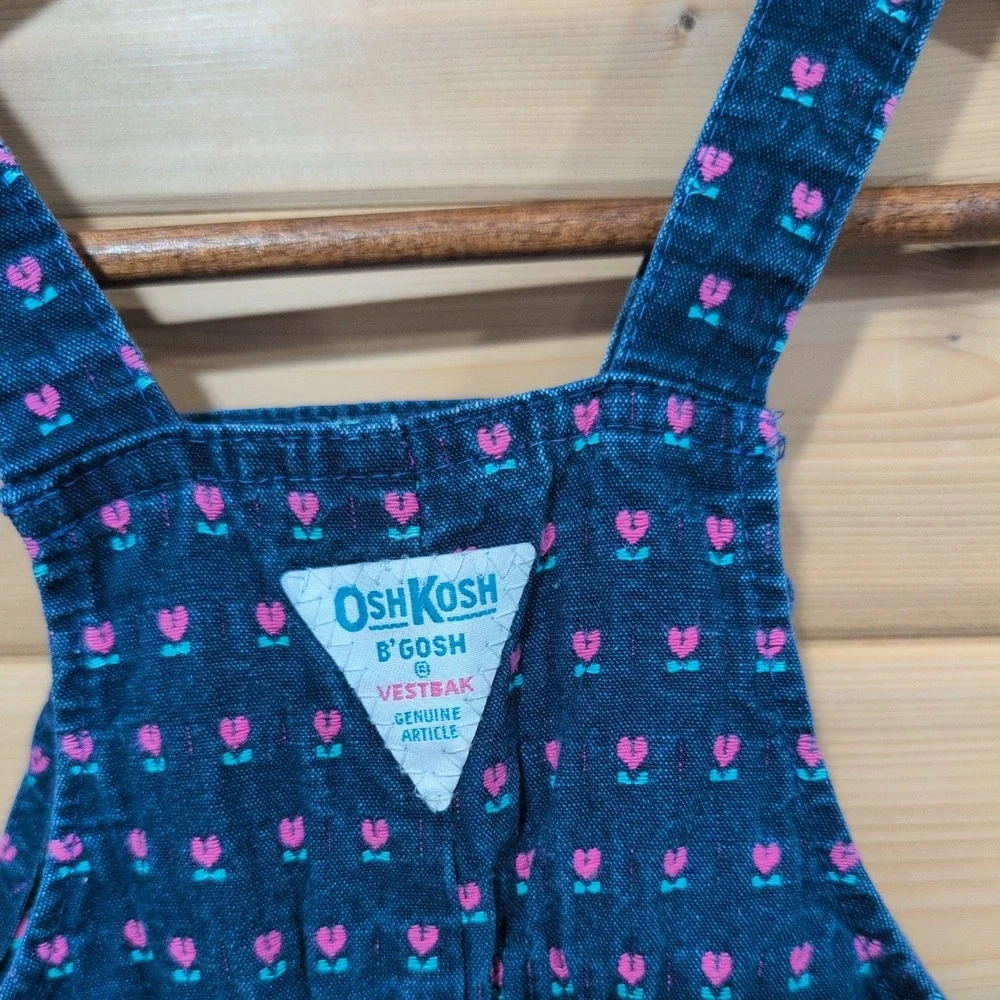 Vintage OshKosh B'gosh Vestbak Overalls 4T Blue Pink Floral Tulip Heart USA